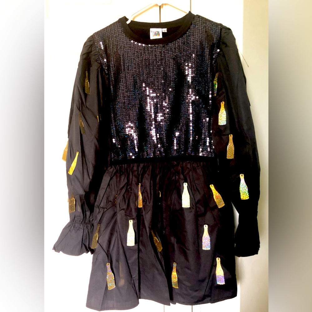 QUEEN OF SPARKLES Black Sequin Dress with Gold Accents